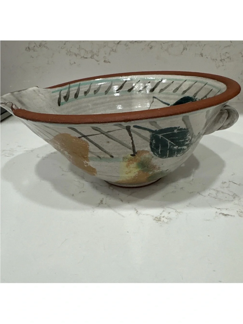 Hand Thrown Art Studio Stoneware Pottery Bowl W/ Pinched Pour Spout Signed Pears